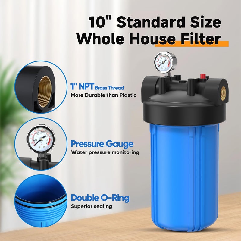 Pure Plus Whole House Water Filter Housing, 10"x4.5" Sediment Cartridge Universal Housing, Pre-Filtration System, with Pressure Gauge, 1" NPT Port - Image 4
